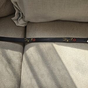 Zara Black Leather Belt with Embroidered Floral Detail